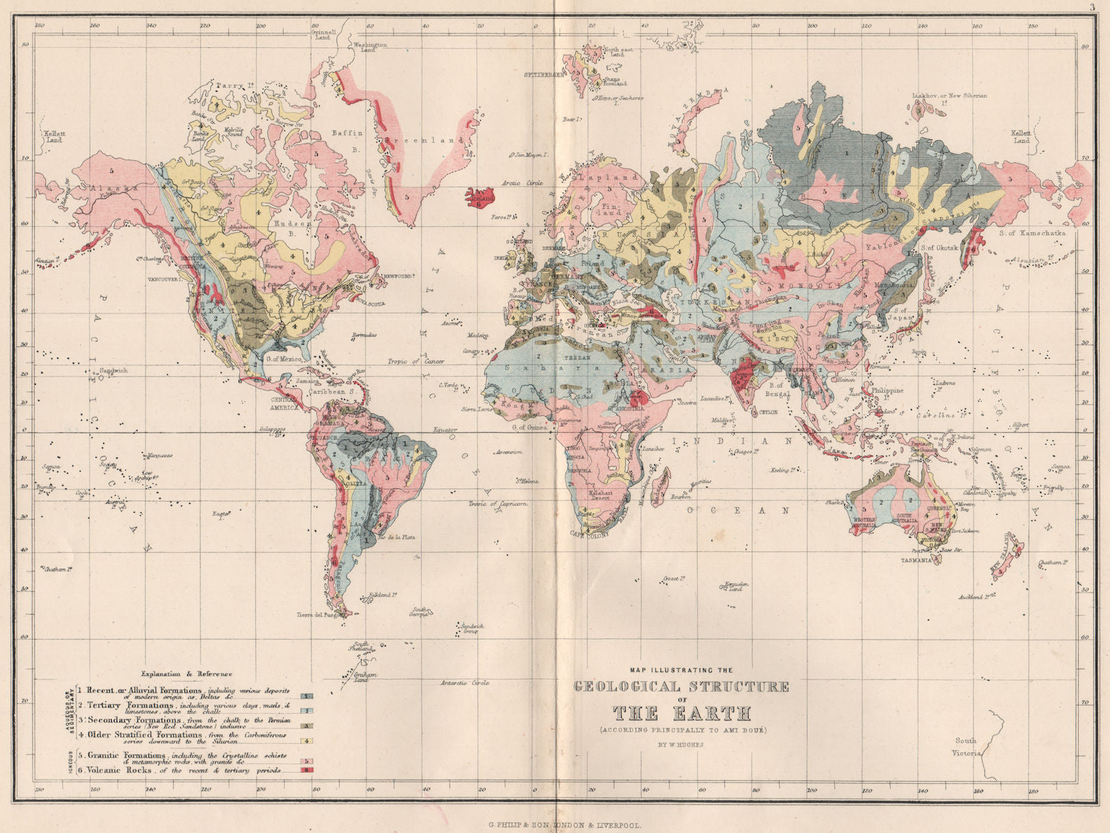 WORLD. Map Illustrating the Geological structure of the Earth (Ami Boue)  1886